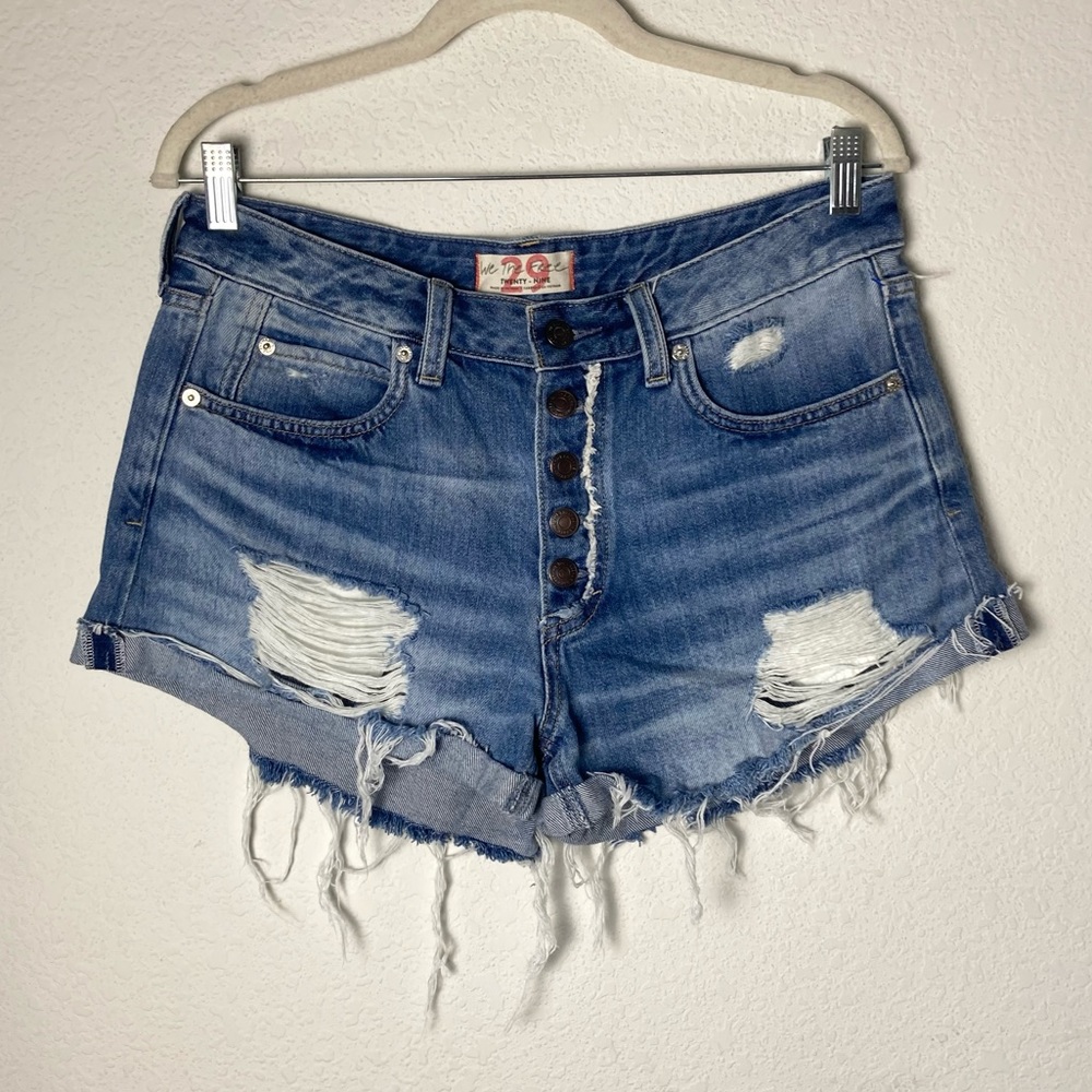We The Free Blue Denim Shorts High-Waisted Cotton Distressed Rolled Cut Off